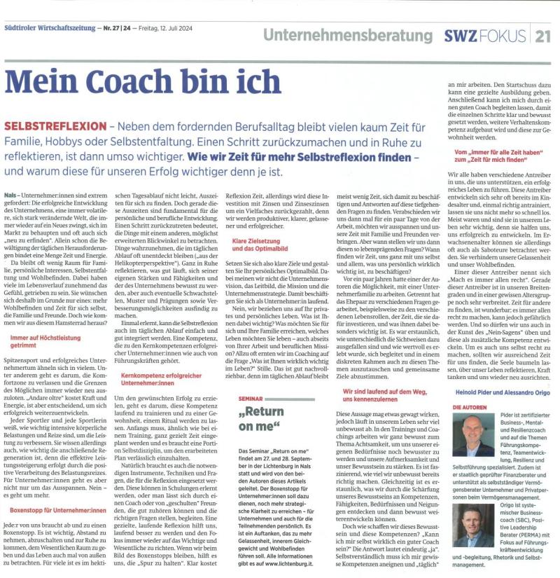 SWZ FOKUS „Return on me - Boxenstopp für Unternehmer:innen